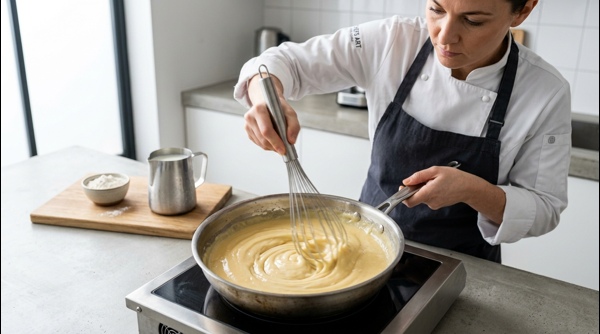 Mixing boiled pasta and vegetables into a creamy white sauce Mixing boiled pasta and vegetables into a creamy white sauce