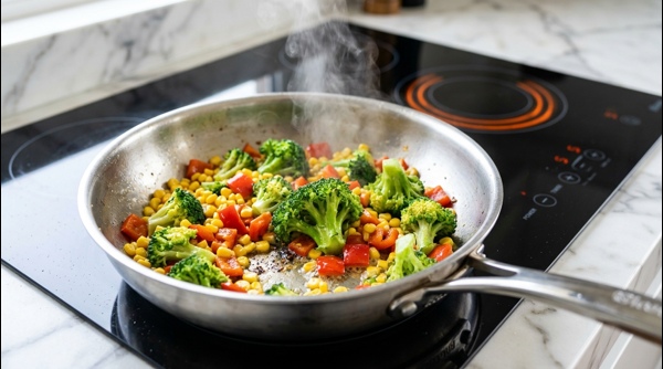 Sautéing fresh colorful vegetables in a modern pan for pasta Sautéing fresh colorful vegetables in a modern pan for pasta