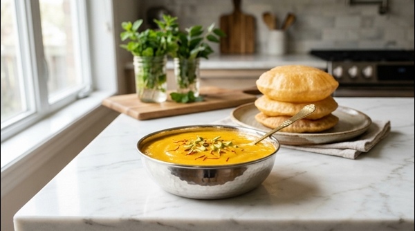 A bowl of fresh golden Aamras garnished with saffron and nuts