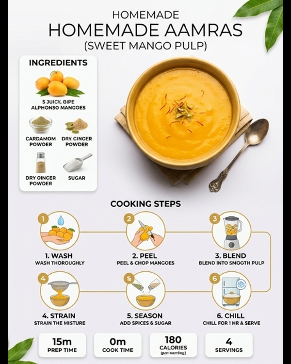 A bowl of fresh golden Aamras garnished with saffron and nuts