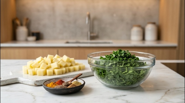 Freshly chopped fenugreek leaves and cubed potatoes on a marble countertop