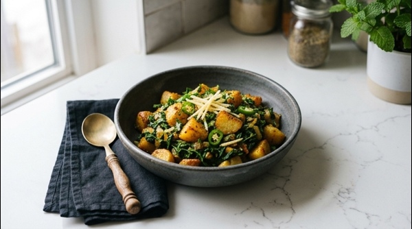 Restaurant style aloo methi served hot in a modern ceramic bowl