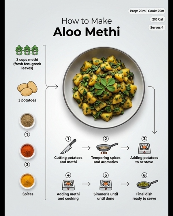 Restaurant style aloo methi served hot in a modern ceramic bowl