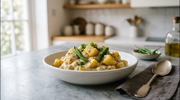 Aloo Posto served in a white bowl showing the creamy poppy seed coating on potatoes