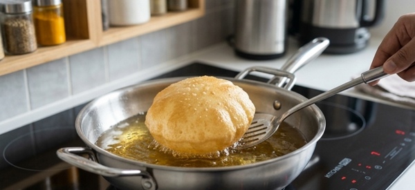 A golden puri puffing up in hot oil inside a modern stainless steel pan