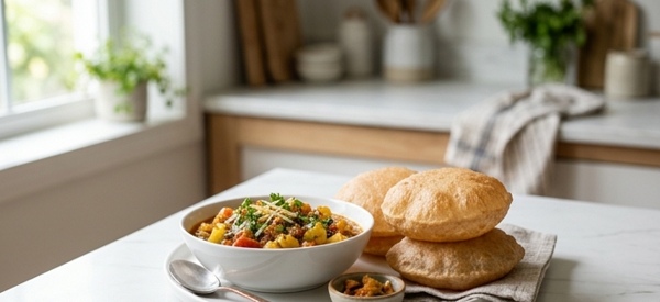 A golden puffed puri served with a bowl of spicy potato curry on a white plate