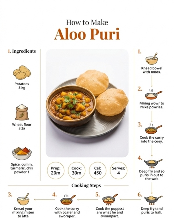A golden puffed puri served with a bowl of spicy potato curry on a white plate