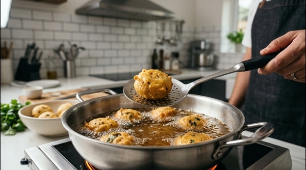 A platter of finished golden Aloo Vadas ready to be served