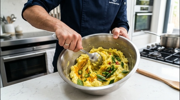 Mashing boiled potatoes and mixing spices for the snack filling