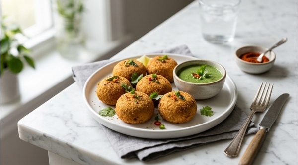 Golden crispy Aloo Vada served on a modern white plate with green chutney