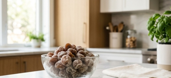 A beautiful glass bowl filled with sweet and sour healthy amla candy on a marble countertop