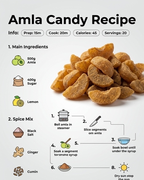 A beautiful glass bowl filled with sweet and sour healthy amla candy on a marble countertop