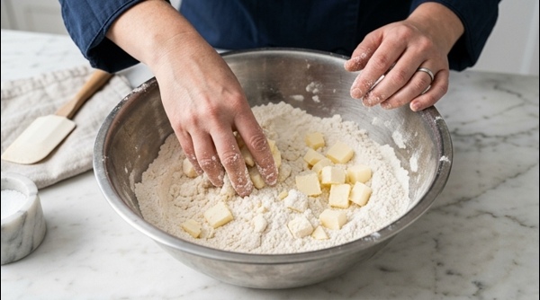 Mixing cold butter and flour to create a flaky pie dough Mixing cold butter and flour to create a flaky pie dough