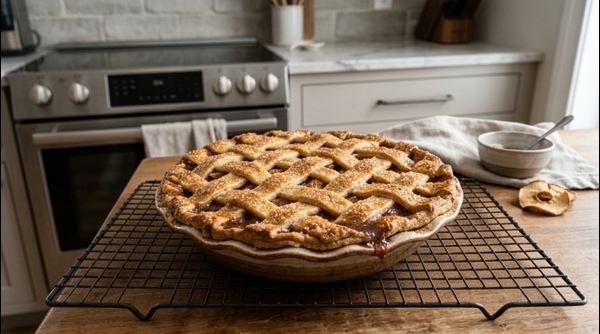 A fresh golden apple pie resting on a modern kitchen counter A fresh golden apple pie resting on a modern kitchen counter