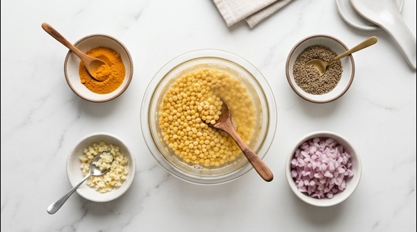Soaked yellow lentils in a glass bowl next to chopped onions and garlic Soaked yellow lentils in a glass bowl next to chopped onions and garlic