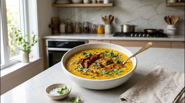 A steaming bowl of yellow arhar dal topped with a ghee tadka and fresh coriander A steaming bowl of yellow arhar dal topped with a ghee tadka and fresh coriander