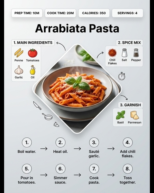 A steaming bowl of spicy Arrabiata pasta garnished with fresh basil and parmesan cheese
