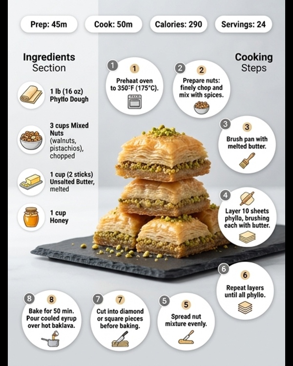A plate of golden brown authentic baklava topped with crushed green pistachios