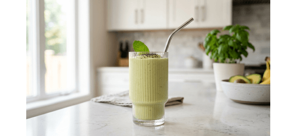 A creamy avocado banana smoothie in a tall glass garnished with mint on a marble counter A creamy avocado banana smoothie in a tall glass garnished with mint on a marble counter