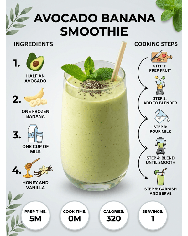 A creamy avocado banana smoothie in a tall glass garnished with mint on a marble counter A creamy avocado banana smoothie in a tall glass garnished with mint on a marble counter