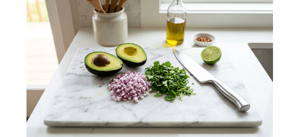 Slicing fresh avocados and dicing red onions on a clean marble countertop Slicing fresh avocados and dicing red onions on a clean marble countertop