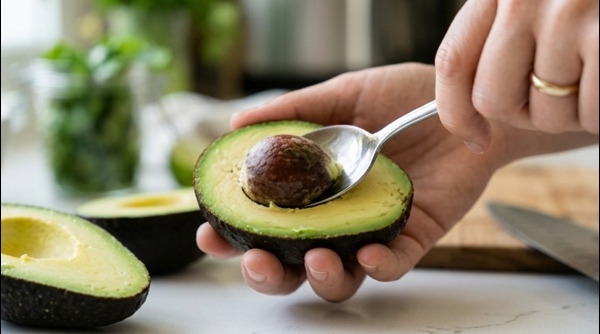 Slicing fresh avocados on a clean quartz kitchen countertop