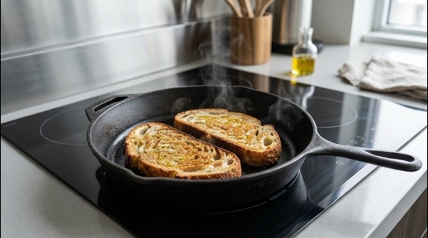 Toasting sourdough bread in a modern pan with olive oil