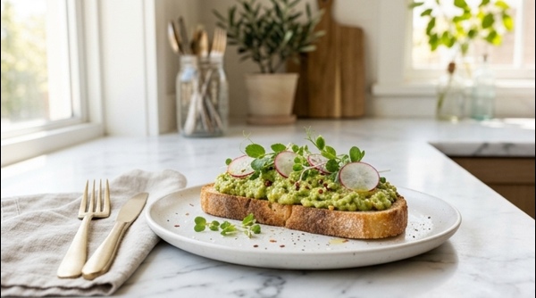 A professionally plated avocado toast with radish and chili flakes on a marble counter