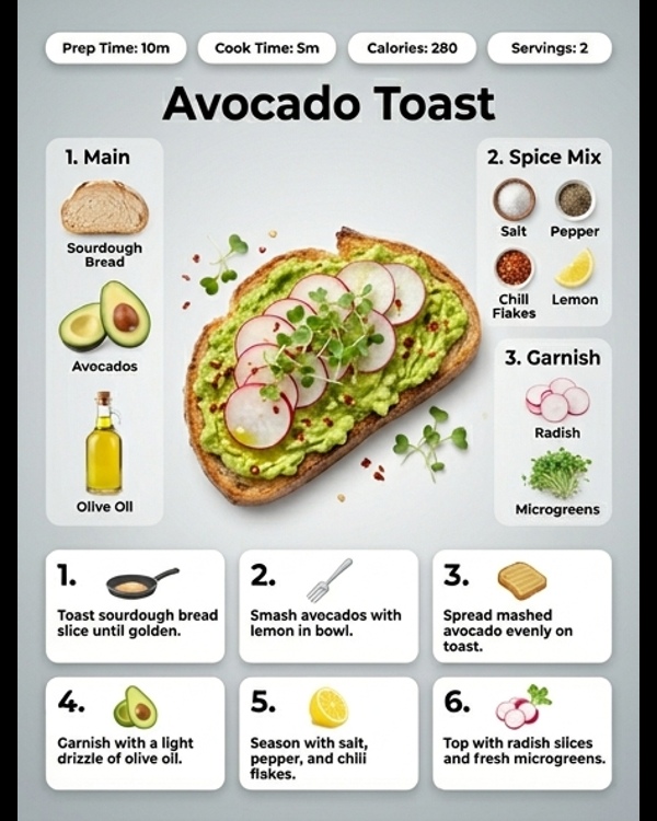 A professionally plated avocado toast with radish and chili flakes on a marble counter