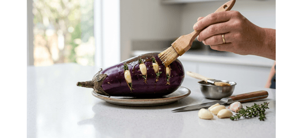 Brushing oil on a large purple eggplant with garlic cloves inserted into slits