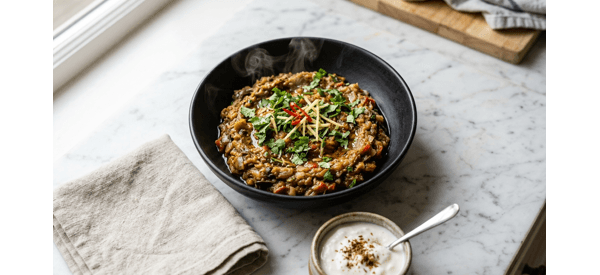 Restaurant style Baingan Bharta served in a ceramic bowl with fresh coriander garnish