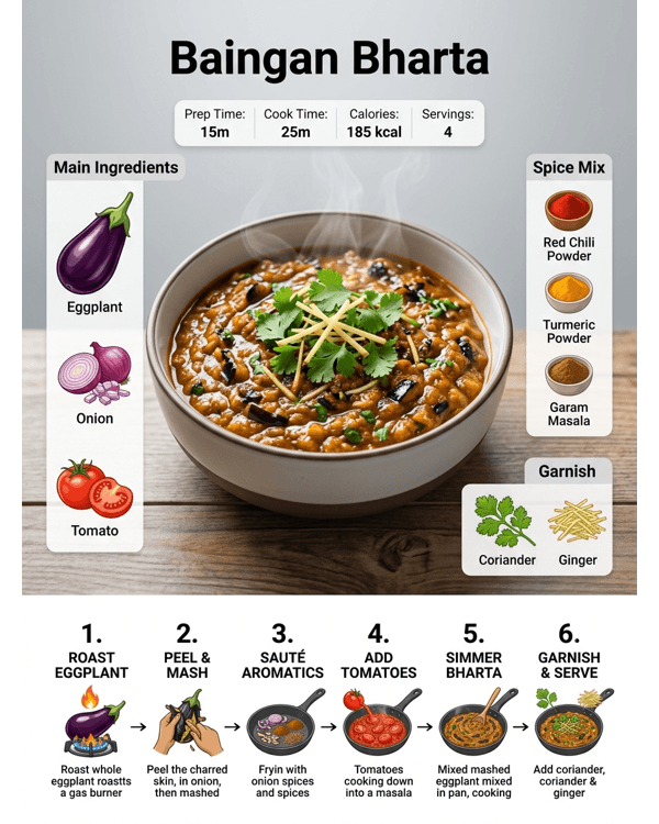 Restaurant style Baingan Bharta served in a ceramic bowl with fresh coriander garnish