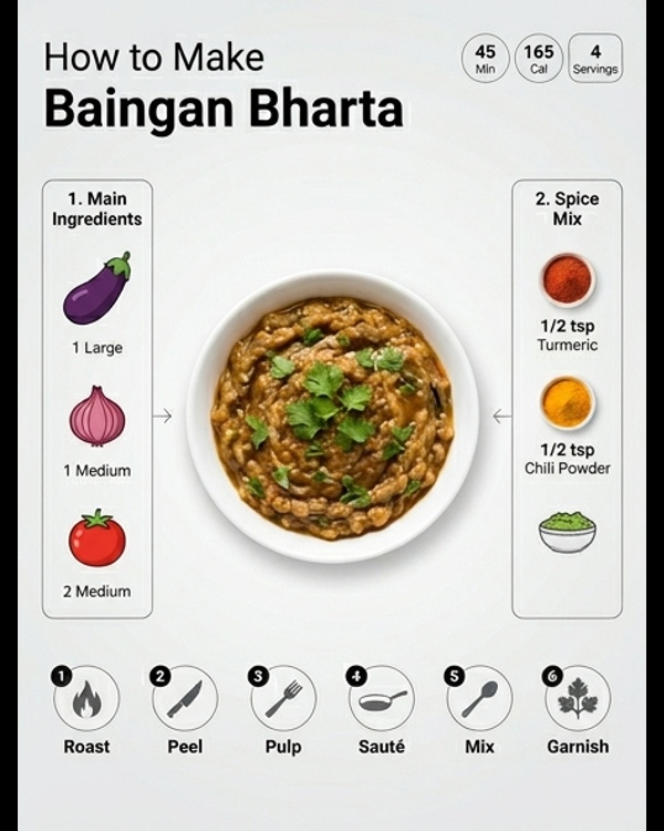 Traditional smoky Baingan Bharta served in a ceramic bowl with fresh coriander