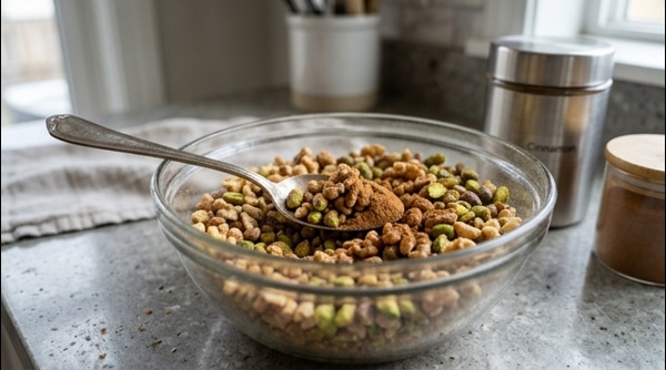 Finely chopped walnuts and pistachios mixed with cinnamon in a glass bowl