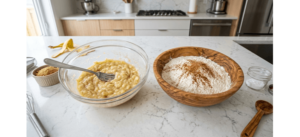 Mixing the wet and dry ingredients for eggless banana pancake batter