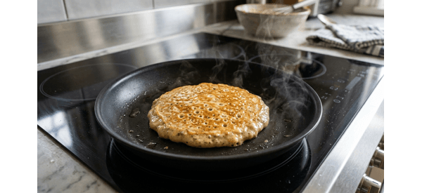 Eggless banana pancake flipping on a modern non-stick griddle