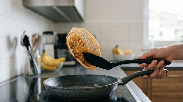 A finished plate of golden brown banana pancakes with fruit toppings