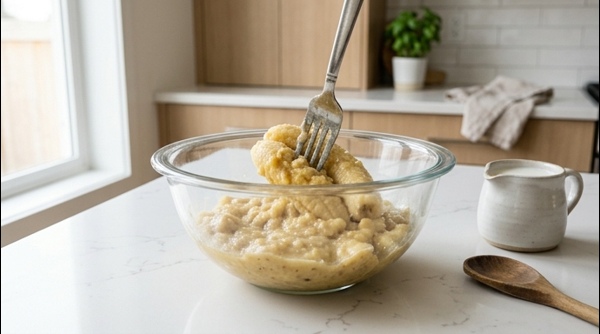 Mashing ripe bananas in a glass bowl for pancake batter