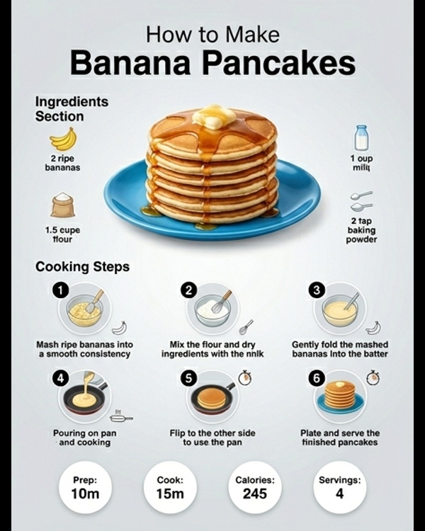 A stack of soft fluffy breakfast banana pancakes topped with maple syrup and fresh banana slices