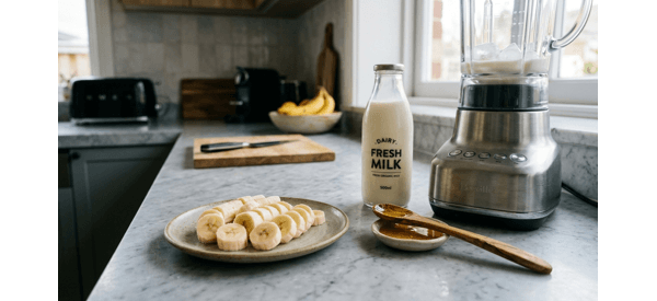 Sliced bananas on a clean white marble countertop ready for blending Sliced bananas on a clean white marble countertop ready for blending