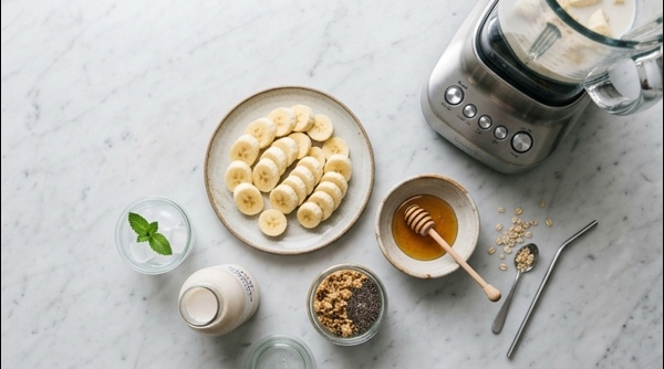 Adding frozen bananas and milk into a modern silver blender