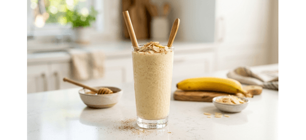 A thick and creamy banana shake served in a tall glass with almond slivers on top A thick and creamy banana shake served in a tall glass with almond slivers on top