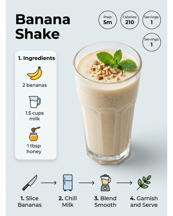 A thick and creamy banana shake served in a tall glass with almond slivers on top A thick and creamy banana shake served in a tall glass with almond slivers on top