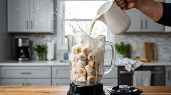 Two glasses of banana shake garnished with nuts on a white marble counter