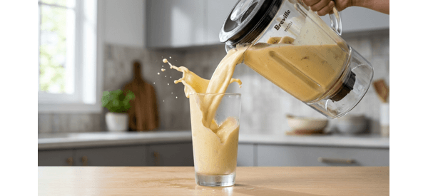 Creamy banana shake being poured from a blender into a glass Creamy banana shake being poured from a blender into a glass