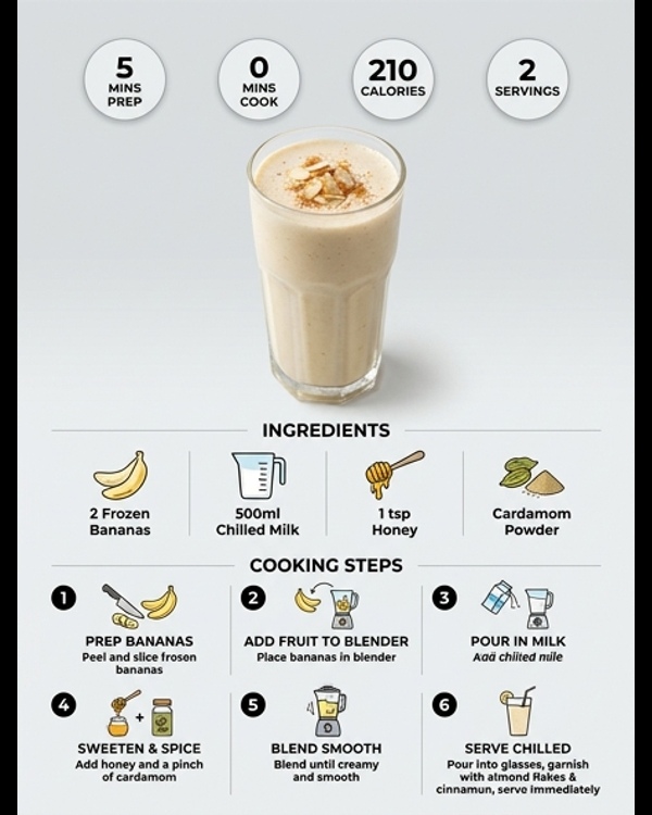 A tall glass of thick banana shake topped with sliced nuts and mint