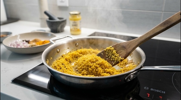Sautéing marinated yellow rice with whole spices in a modern pan
