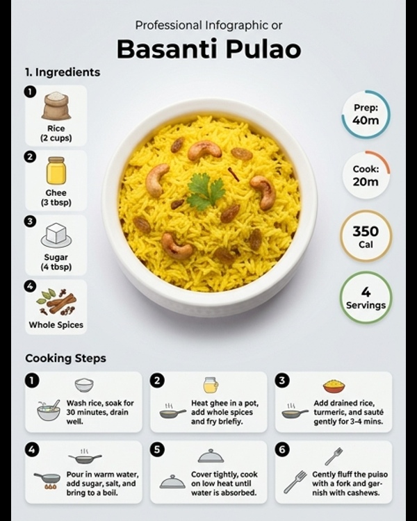 A golden bowl of Basanti Pulao topped with cashews and raisins on a marble table