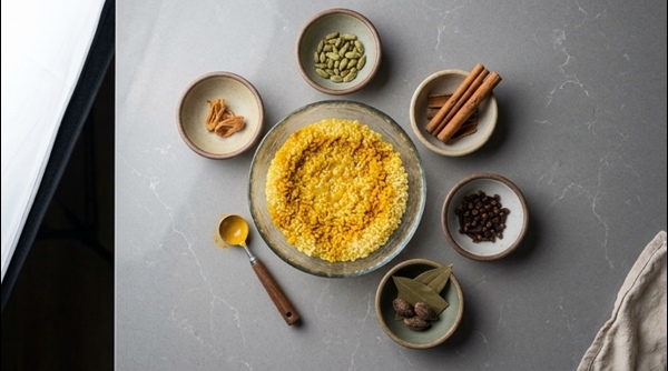 Drying washed Govindobhog rice on a clean tray for Basanti Pulao