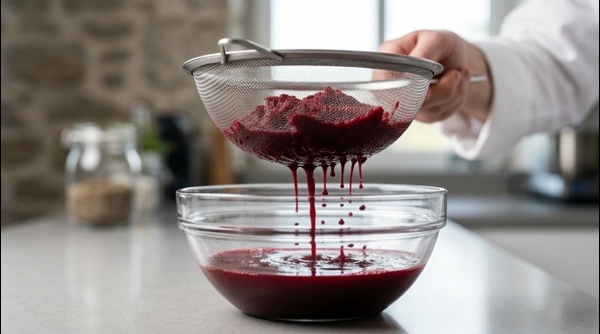 Pouring fresh red beetroot juice into a glass with ice